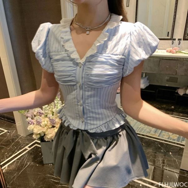 Hemd Frau Süße Süße Mädchen Japan Korea Retro Vintage Rüschen Schößchen Tunika Weiß Spitze Top Blusas Puff Sleeve Button Shirts FLHJLWOC