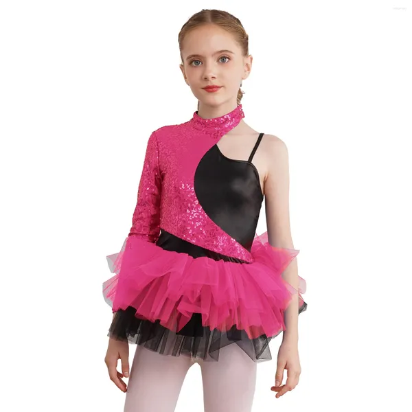 Bühnenkleidung Kinder Mädchen Pailletten Jazz Latin Dance Kleid Asymmetrische Ärmel Kontrast Mini Tüllrock Ballett Trikot Kostüme