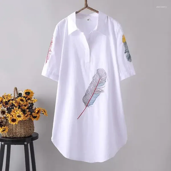 Blusas femininas elegantes bordados mulheres longo elegante camisa casual algodão solto topos verão 2024 moda coreana roupas túnica de grandes dimensões