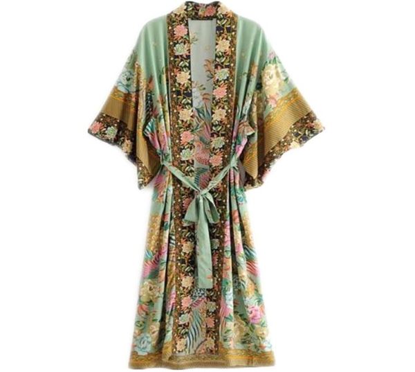 Böhmisches langes Kimono-Shirt mit V-Ausschnitt, Pfauenblumen-Druck, Ethnisch, neu, Schnürung mit Schärpen, lange Strickjacke, lose Bluse, Tops für Damen, Y1902879307