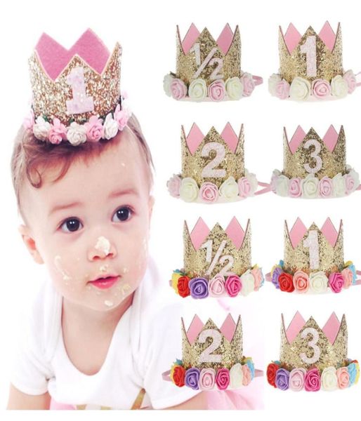 Ins 60 Styles Bebek Doğum Günü Taç Saç Aksesuarları Toddler Çiçek Kafa Bantları Parti Tiara Saç Bantları Çocuklar Prenses Glitter8515680