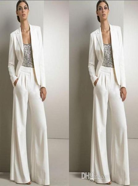 Moderne weiße dreiteilige Hosenanzüge für die Brautmutter mit silbernen Pailletten, Hochzeitsgastkleid, Kleider in Übergröße mit Jacken8754173