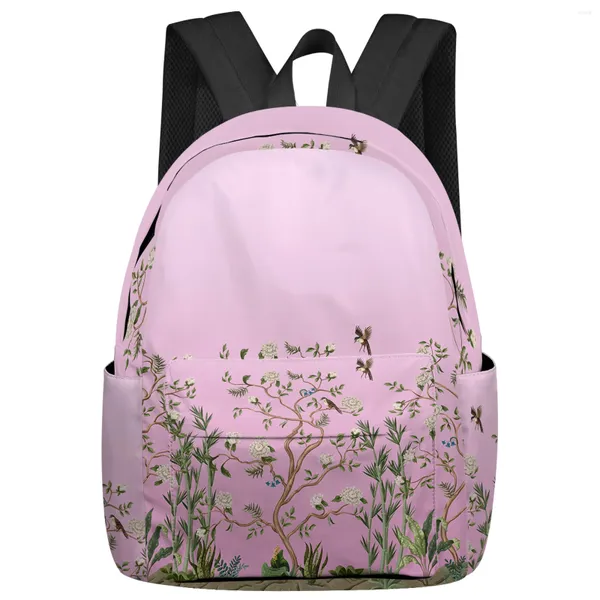 Mochila Rosa Gradual Flor Planta Pássaro Estudante Sacos Escolares Laptop Personalizado para Homens Mulheres Feminino Viagem Mochila