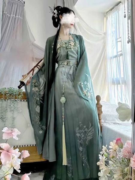 Hanfu Dres Chinês Tradicional Vintage Feminino Halloween Cosplay Traje Impresso Verde 3pcs Conjuntos Plus Size XL 240220