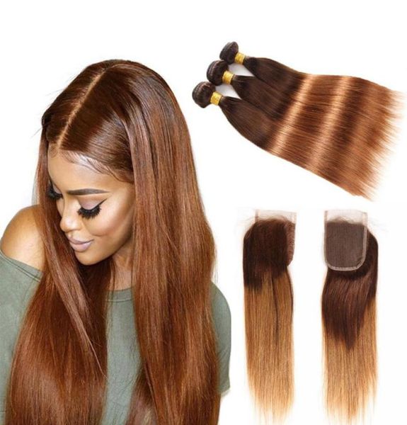 Tessuto vergine brasiliano per capelli lisci con chiusura Ombre fasci di capelli umani con chiusura colorata bicolore 430 capelli umani biondi6483778