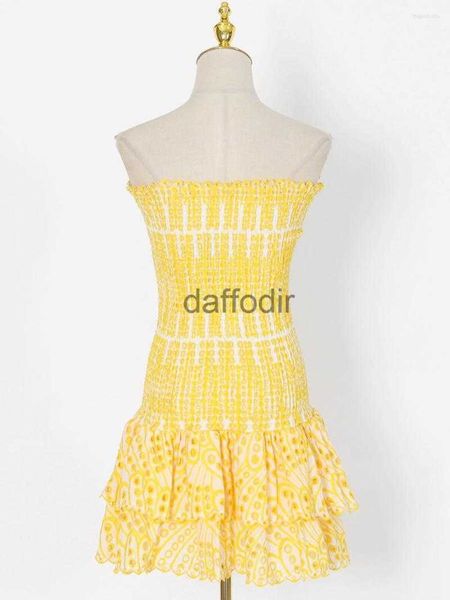 Grundlegende Freizeitkleider Freizeitkleider Flordevida Gelb besticktes Sommerkleid Schulterfrei Rüschen Party Hochwertige Sexy Damen Damen 240304