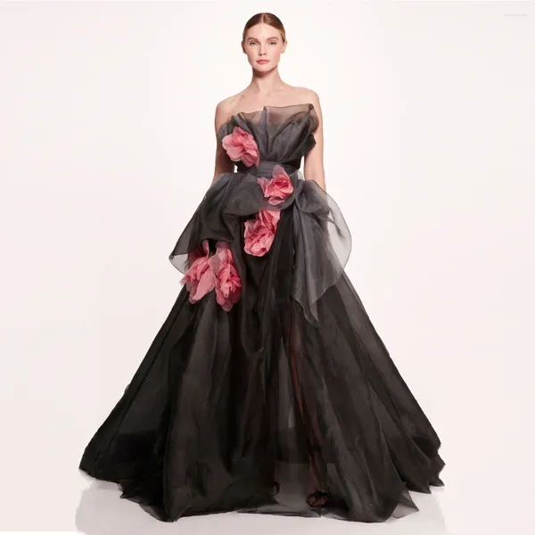 Casual Kleider 2024 Couture Schwarz Organza Formales Kleid Trägerlos 3D Rosette Lange Prom Party Mit Liner Handgemachte Vestidos De Fiesta