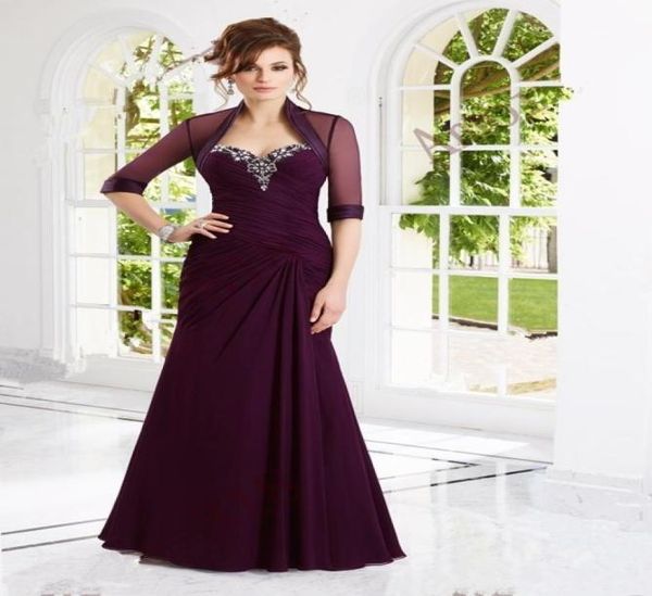 Elegante duas peças sereia longo plus size mãe dos vestidos de noiva com jaqueta cristal frisado chiffon vestidos de festa de casamento 20225109903