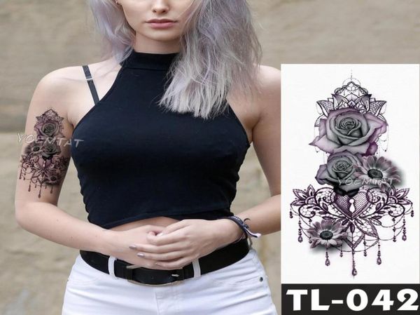 Tatuagens temporárias falsas adesivos flores rosa escuras braço ombro tatuagem à prova d' água mulheres flash tatuagem na arte corporal D190112027308026