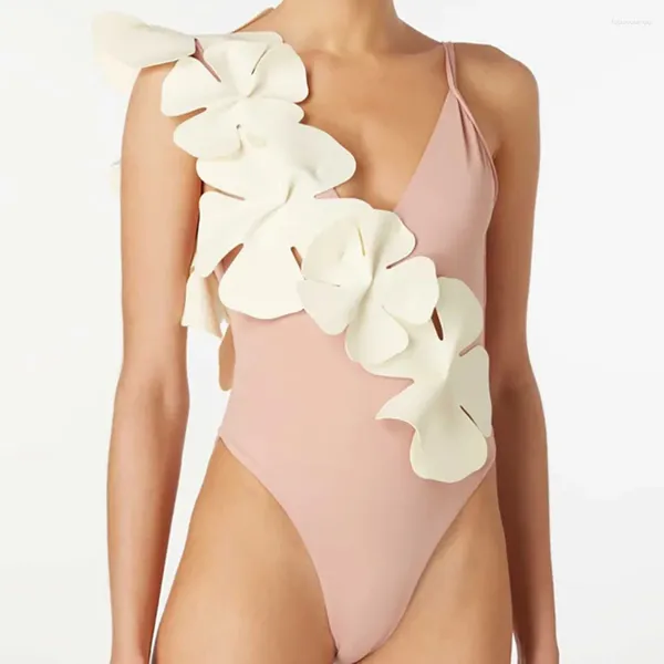 Roupa de banho feminina 2024 maiô branco floral sólido rosa cor uma peça aberta volta praia maiô