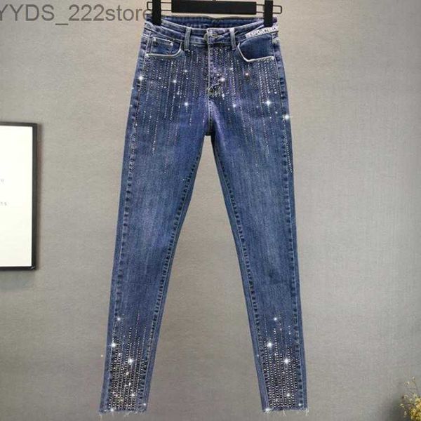 Jeans plus Größe 4XL! Mode Füße Jeans Frühling Herbst hohe Taille heiße Bohren dünne Bleistiftjeans 240304