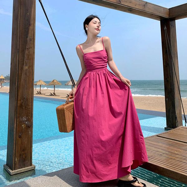 Розово-красное платье на бретельках, детское летнее платье 2023, новое пляжное праздничное платье во французском стиле с талиейAMA4
