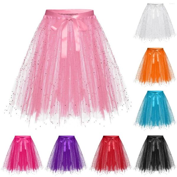 Saias meninas lantejoulas 3 camadas malha poncho saia ballet dança arco-íris estrela glitter vestido de baile roupas de festa