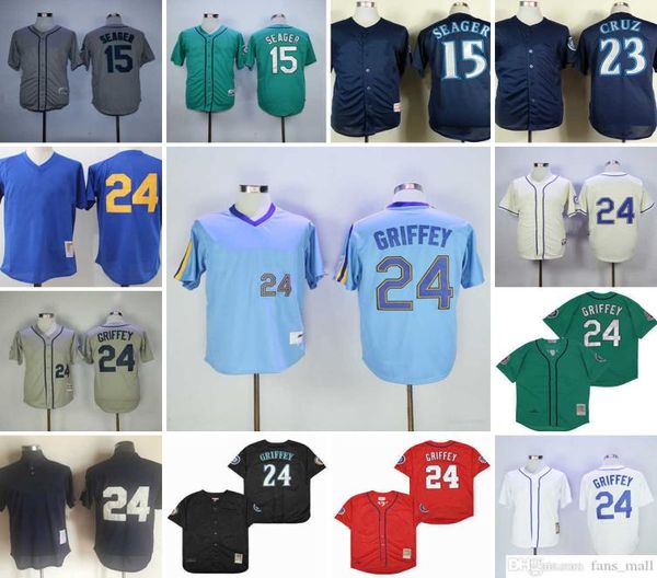 Винтажные бейсбольные майки College Mitchell and Ness 24 с прошивкой Кена Гриффи 15 Kyle Seager Breathable Sport 1989 Белый Зеленый Серый N2741215