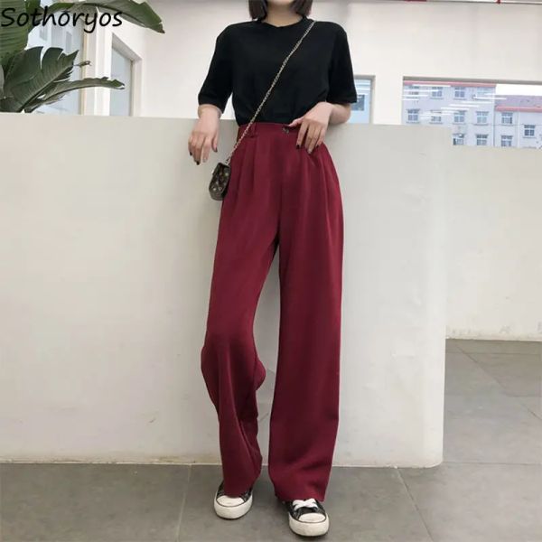 Capris Pantaloni Casual Donna Estate a tutta lunghezza Bottoni larghi Vola a vita alta Solido dritto Nero Borgogna Stile coreano allungato da donna