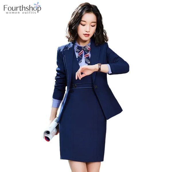 Kleider 2022 Mode Frauen Kleidung Büro Dame Arbeit Formale Uniform Style Business Kleid Anzüge Frauen 2 Stück Set Herbst Blazer set Weibliche