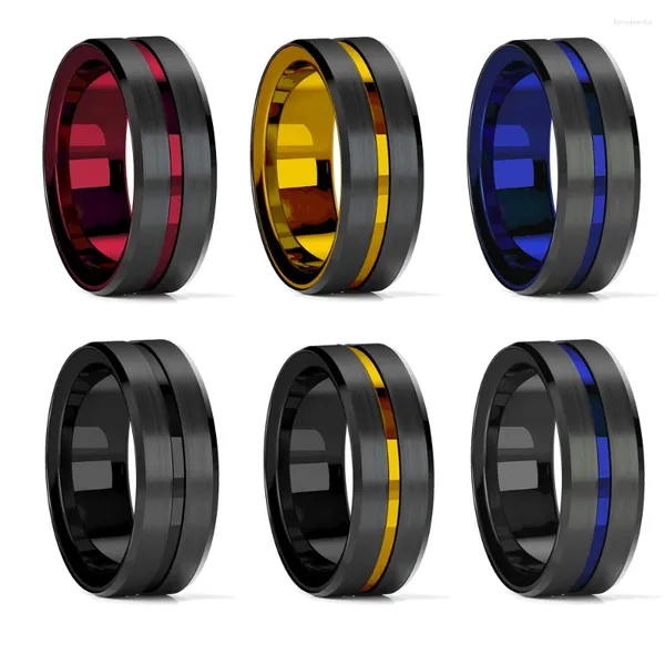 Fedi nuziali Moda Uomo 8mm Nero Tungsteno Rosso Blu Scanalatura Bordo smussato Modello mattone Acciaio inossidabile spazzolato Per uomo