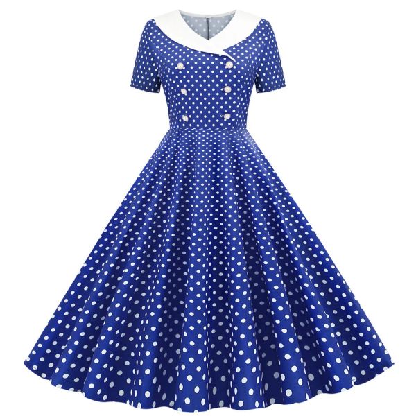 Vestido Blue Polka Dot Print Vintage Vestres Mulheres 2024 Rúscula de verão Retro 50s 60s Swing Rockabilly Party Office Dress Ladies vestidos