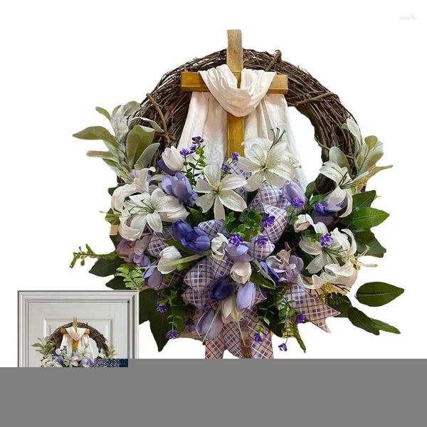 Fiori decorativi Corona di Pasqua Decorazione da appendere alla porta con bouquet di croce Tulipano Ornamenti primaverili rustici Fiore di pianta di simulazione