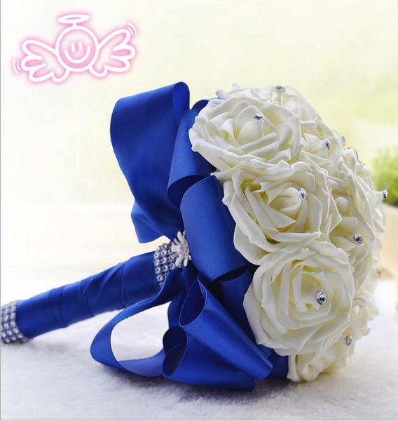 Buquês de casamento artificial novo 16 flores marfim artesanal fita azul real buquê de aniversário de casamento para noivas 1820cm3617276