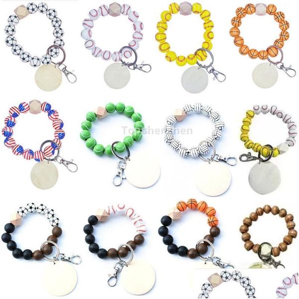 Bomboniera 12 Stile Unico ed elegante Bracciale con perline in legno Portachiavi Ciondolo Palla sportiva Calcio Baseball Pallacanestro Bracciale rigido W Dhjah