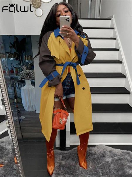 Trench fqlwl outono outono retalhos trench coats jaquetas para mulheres 2022 cinto manga longa amarelo jakets botões femininos moda casacos longos