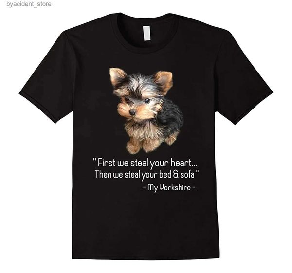 Camisetas masculinas bonito yorkshire terrier cão amante presente t camisa novo 100% algodão manga curta o-pescoço camiseta casual masculino topo l240304