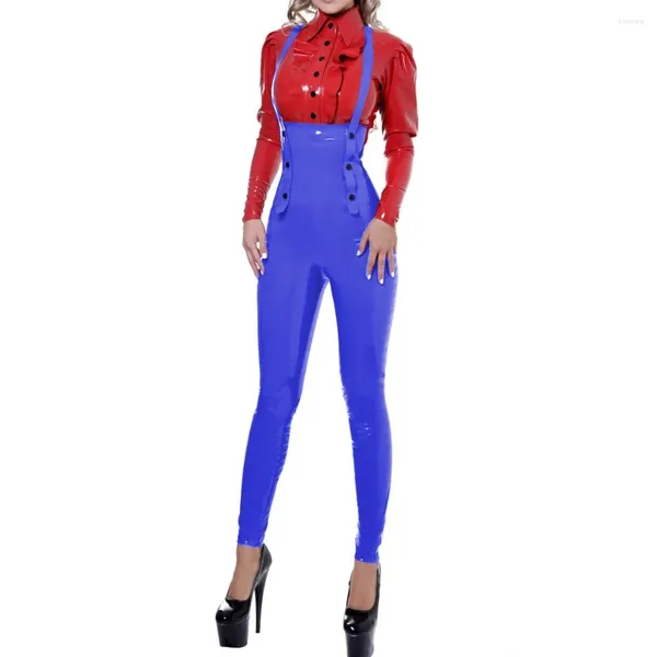 Damenhosen Frauen Punk-Stil PVC Glänzende Overalls Hohe Taille Einfarbig Fetisch Latex-Look Hosenträger Playsuits Strapshosen Sexy Club