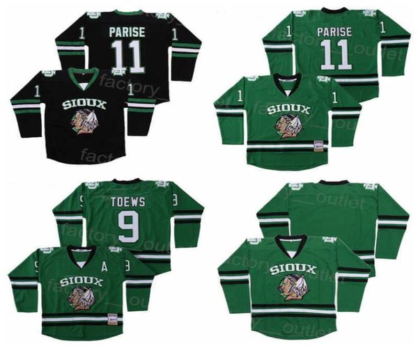 Uomo Film Hockey su ghiaccio College 11 Zach Parise Maglia North Dakota Fighting Sioux 9 Jonathan Toews Team Verde Nero Colore Vintage All4321275