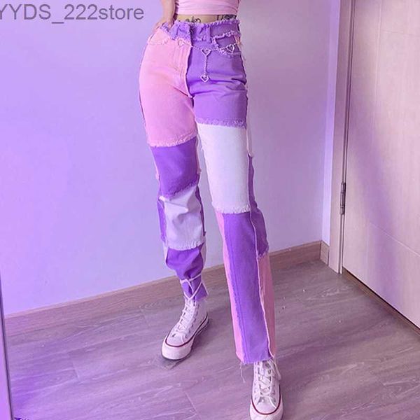 Kot yeni hip hop sonbahar mavi/pembe patchwork jeans yüksek bel hip hop düz kot bayanlar pantolonlar kadın denim kadın 240304