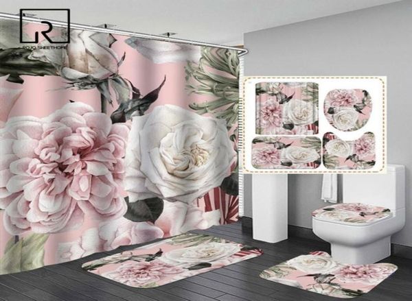 Set di tende da doccia stampate con fiori grandi rosa con tappeto antiscivolo per vasca da bagno, schermo per WC, arredo bagno impermeabile con ganci 27620770