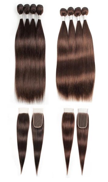 Pacotes de cabelo humano reto indiano com fechamento 2 4 chocolate marrom 3 ou 4 pacotes com fechamento de renda remy extensões de cabelo humano 7546147