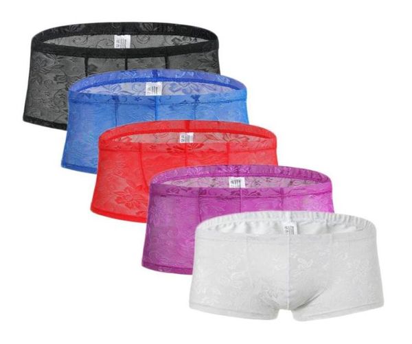 Mutande 5PS Boxer da uomo sexy Pantaloncini Maglia Uomo Intimo sessuale Lingerie Tronco Trasparente Vedere attraverso pizzo floreale Dropship1215812