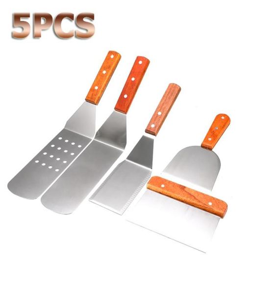 5pcsset Paslanmaz çelik spatula ahşap tutamak ızgara salatası salatası helikopter barbekü pişirme pişirme astarları mutfak aletleri t2217093