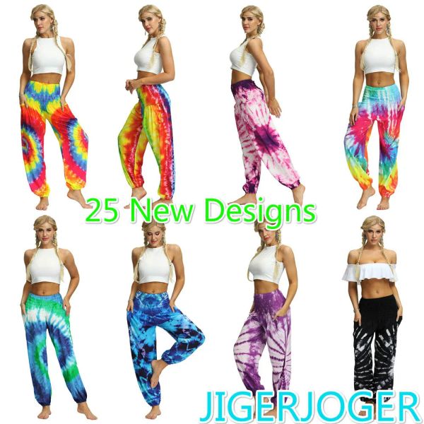 Calças JIGERJOGER Tie die Pavão pena Bata harem pant Mulheres Calças perna larga bloomer plus size Corredores calça de praia frete grátis