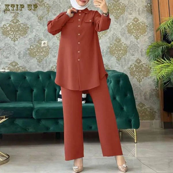 Conjuntos de calças elegantes conjuntos muçulmano árabe manga cheia camisas calças perna larga moda feminina conjuntos combinando blusa turca fatos de treino urbanos