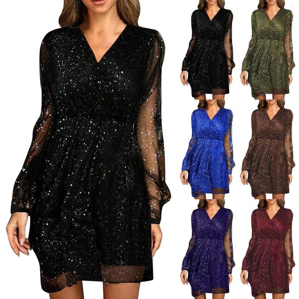 Freizeitkleider Damen Elegantes Kleid Mesh Einfarbig Sieben-Punkt-Ärmel V-T-Shirt Für Damen Business