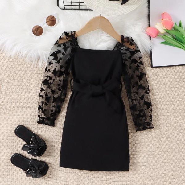 Mädchen Kleider 4-7T Kinder Herbst Schwarz Spitze Schmetterling Mesh Langarm Square Neck Gürtel Slim Fit Kleid für Mädchen Kinder Kleidung