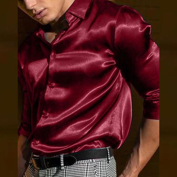 Camicia estiva da uomo Camicia a maniche lunghe Abito da sera per feste T-shirt top per le vacanze Seta rosso Top da cerimonia dorato Seta pattinaggio co 240304