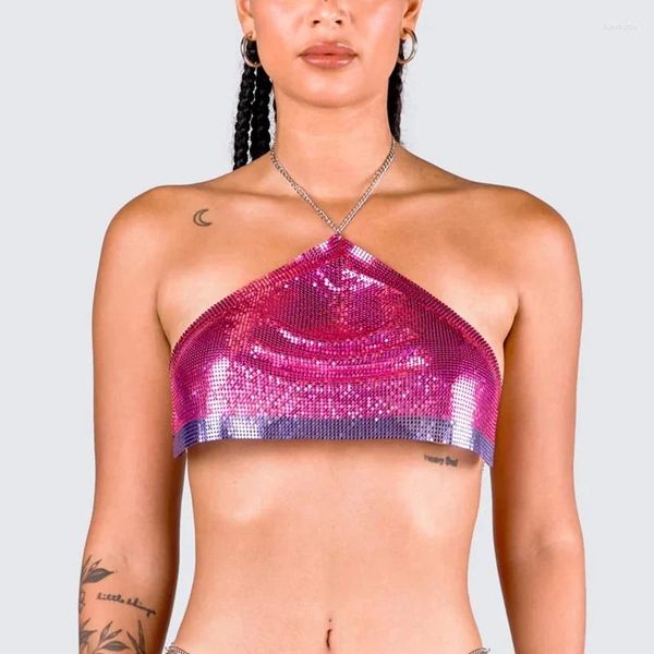 Regatas femininas Y2K Halter Crop Top para boate festa metal cota de malha regata curta rosa cota de malha