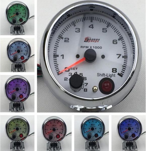 375039039 80mm 08000 tacômetro rpm medidor 7 cores display branco rosto rpm medidor com rpm mudança luz auto Gauge7886848