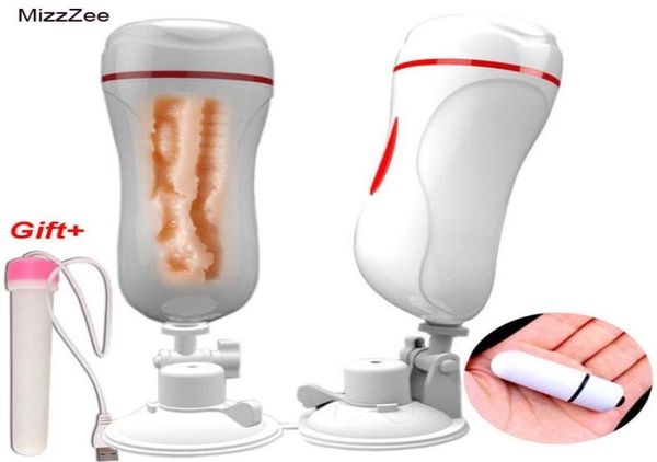 MizzZee vaginale anale doppio canale tazza di masturbazione vagina finta figa reale vibratore giocattoli del sesso per uomini mastrubatore per uomo pompino MX9421445