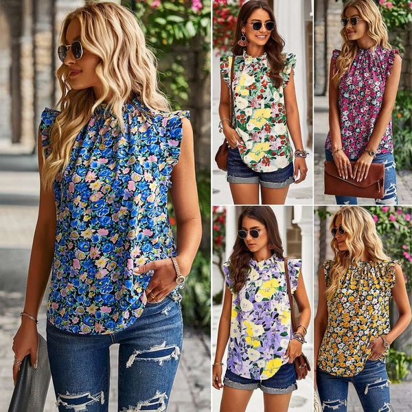 Diyun desenvolveu de forma independente Instagram blusa feminina casual solta, camisa floral sem mangas para primavera/verão 2024