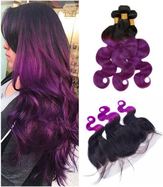 Capelli umani peruviani vergini viola ombre con chiusura frontale 4 pezzi / lotto 13x4 onda del corpo 1B viola bicolore ombre frontale in pizzo con Bu9307178