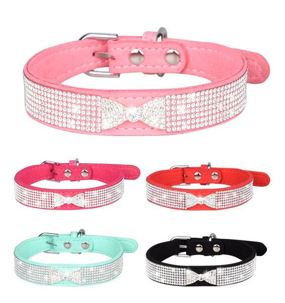 Bling strass filhote de cachorro gato coleiras de couro ajustável bowknot pet gatinho colar bowknot macio confortável pequeno cão collar8134691