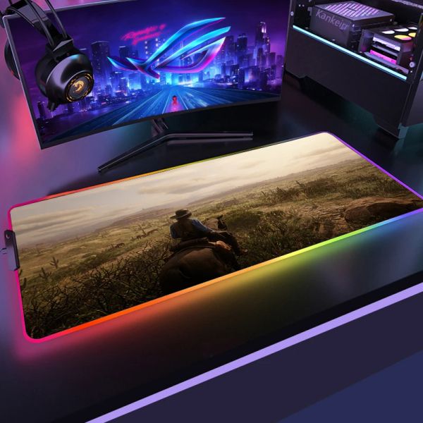 Almofadas Anime Red Dead Redemption 2 RGB Colorido Gaming Grande Mouse Pad Gamer XL Led Mat Computador Mousepad PC Desk Play Mat com Retroiluminado