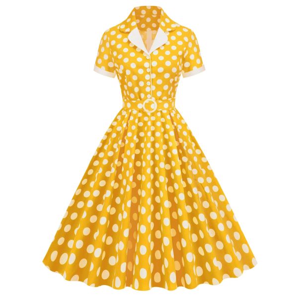 Kleid Hepburn Reteo Flare Kleid Frauen Polka Dot Vintage Swing Robe Kurzarm A-Linie Sommerkleid mit Schleife Geburtstag elegante Teekleider