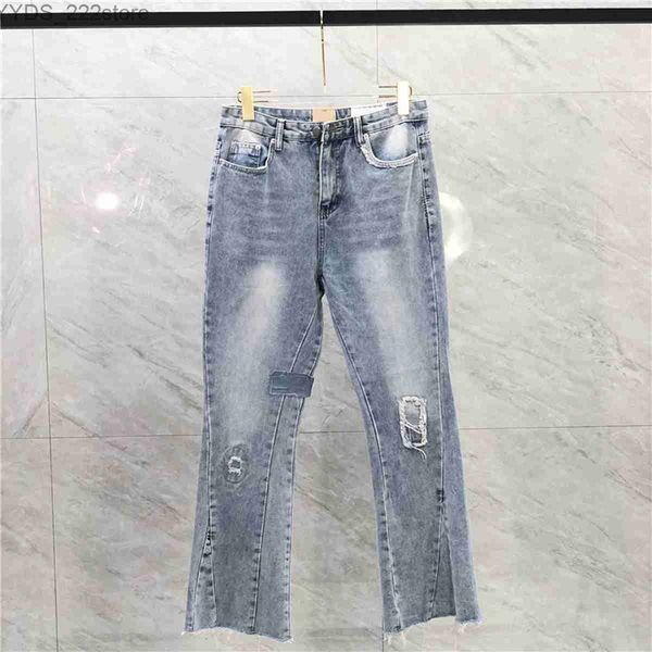 Джинсы Дизайнерские женские джинсы Потертые рваные байкерские джинсы Slim Fit Мужские джинсы с перфорированной нашивкой Широкие джинсы Micro Flare 240304