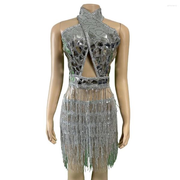 Bühnenkleidung Silber Spiegel Pailletten Kleid Design für Frauen Nacht Clubbing Bling DJ Gogo Fringe Sexy Sänger Shinning Outfit