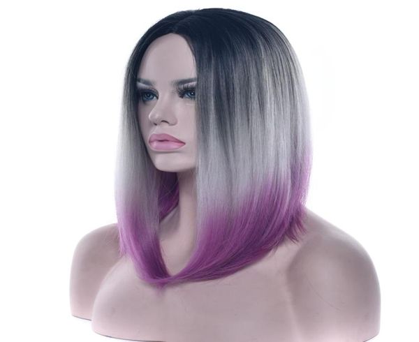 Soowee Hair Kurze Bob-Perücken, 12 Farben, Kunsthaar, Schwarz bis Grau, Lila, Ombre, für Frauen, gerade Kopfbedeckung, Cosplay-Perücke 7611280